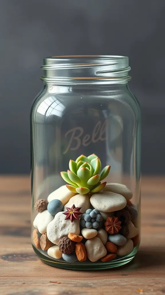 Mini terrarium display in a mason jar with a succulent and colorful stones