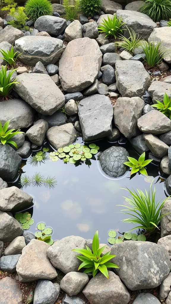 19 Stunning Rock Garden Landscaping Ideas to Transform Your Outdoor Space 4 A small pond surrounded by rocks and green plants in a rock garden.