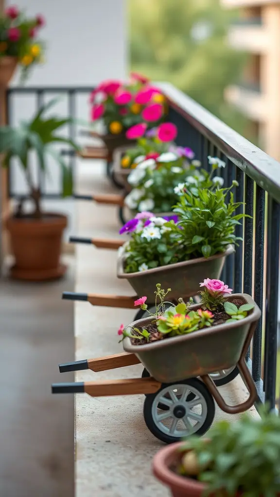 19 Creative Wheelbarrow Planter Ideas for Your Garden 10 A row of mini wheelbarrow planters filled with colorful flowers on a balcony railing.