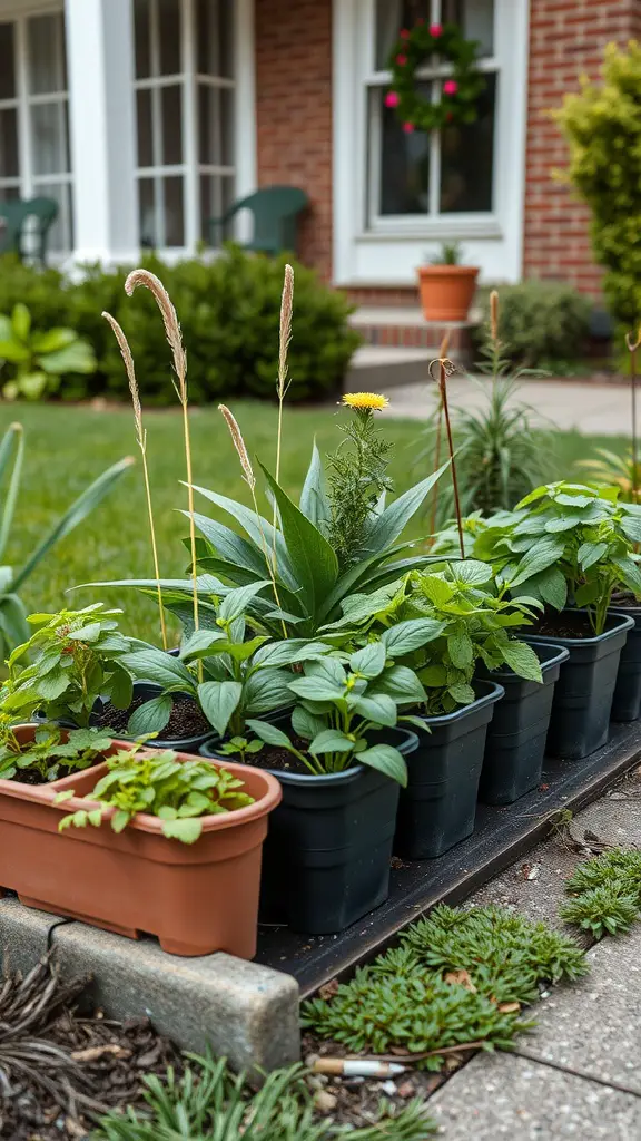 19 Stunning Small Front Yard Landscaping Ideas 7 A miniature herb garden with various potted herbs in a front yard.