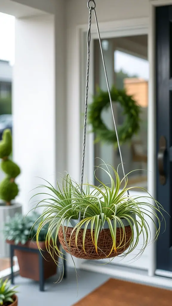 A minimalist hanging basket with air plants, showcasing a natural woven texture and vibrant greenery on a porch.