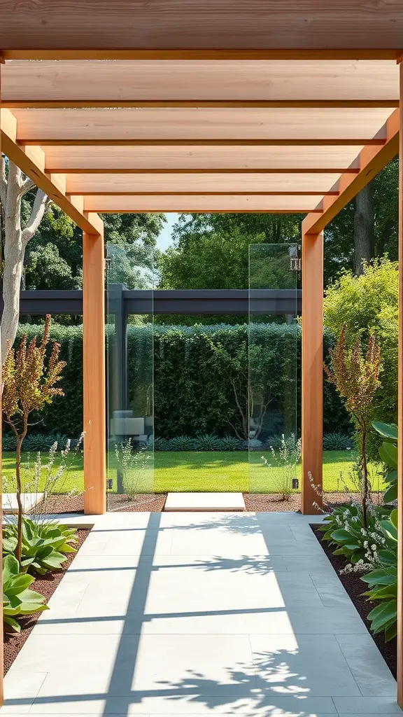19 Creative Garden Arbor Ideas You’ll Love 16 Minimalist garden arbor made of wood with clear glass panels, surrounded by greenery and a stone pathway.