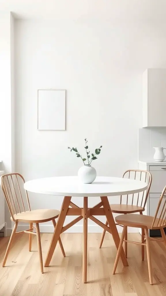 15 Stunning Round Kitchen Table Decor Ideas to Transform Your Space 11 A minimalist kitchen with a round table and wooden chairs, featuring a simple vase as the centerpiece.