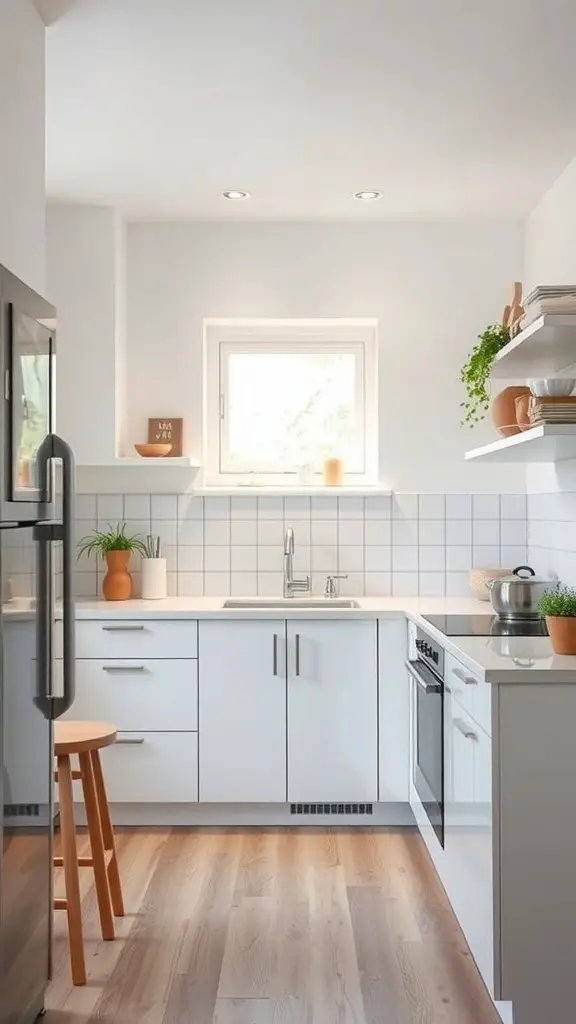 A minimalist kitchen with white cabinets, light wood flooring, and natural light from a window.