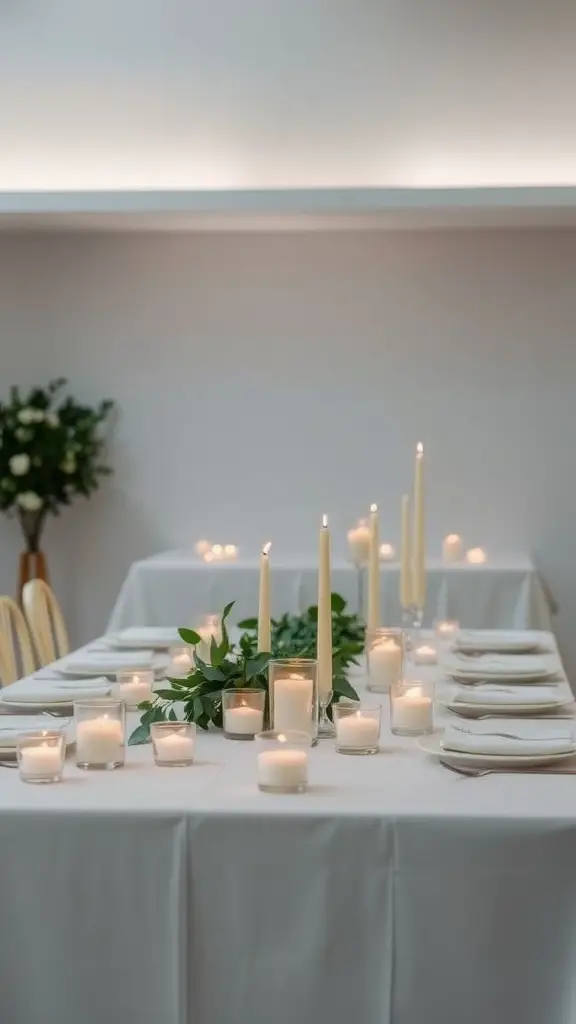 A wedding table centerpiece featuring floating candles and greenery on a white tablecloth.