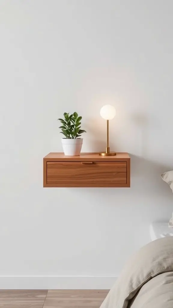 19 Creative Nightstand Ideas to Elevate Your Bedroom Decor 9 Minimalist floating nightstand with a potted plant and a lamp