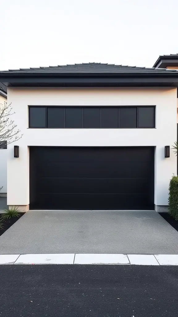 Modern home with a minimalist flush black garage door and white walls