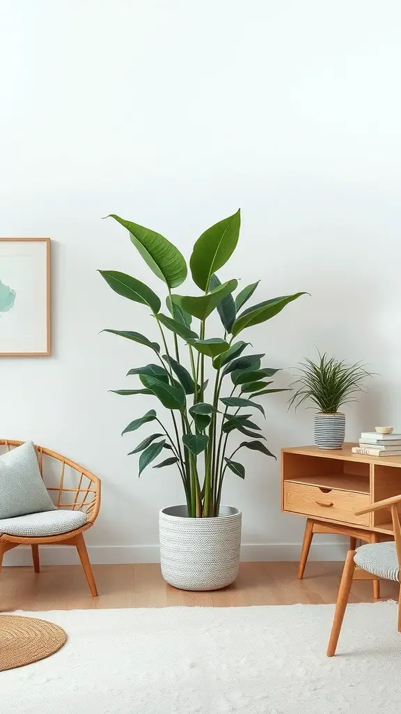 Minimalist room with large green plant, wooden chair, and light decor.
