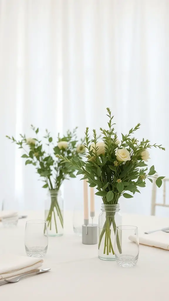 25 Stunning Wedding Table Centerpieces to Inspire Your Big Day 13 A table set with minimalist greenery bouquets featuring white roses in clear vases.