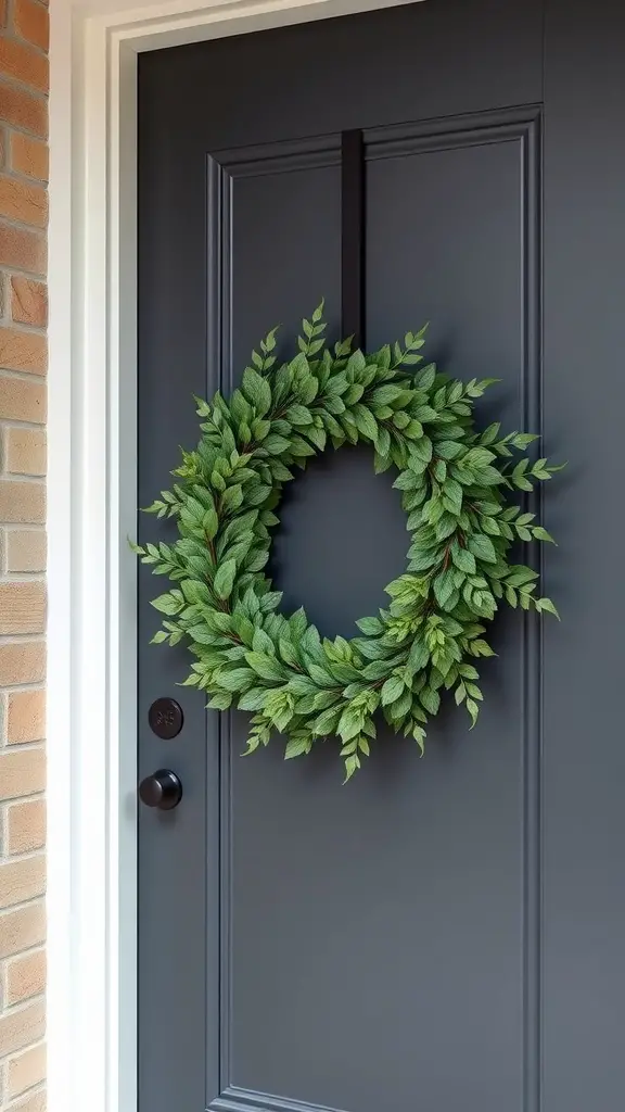13 Stunning DIY Wreaths to Welcome You Home 7 A minimalist greenery wreath hanging on a dark front door.