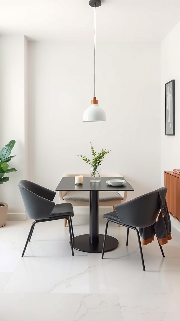 17 Cozy Dining Nook Ideas for Your Home 2 A minimalist modern dining nook featuring a small table, two chairs, a pendant light, and a vase with greenery.