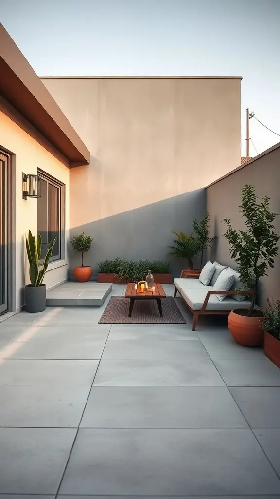 19 Modern Backyard Landscaping Ideas to Transform Your Outdoor Space 9 A minimalist patio design featuring a sleek concrete floor, a light-colored sofa, wooden coffee table, and potted plants.
