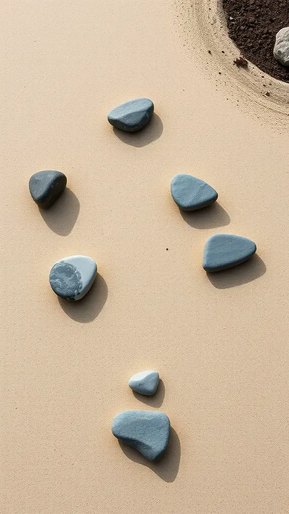 A minimalist arrangement of smooth stones on a sandy surface.