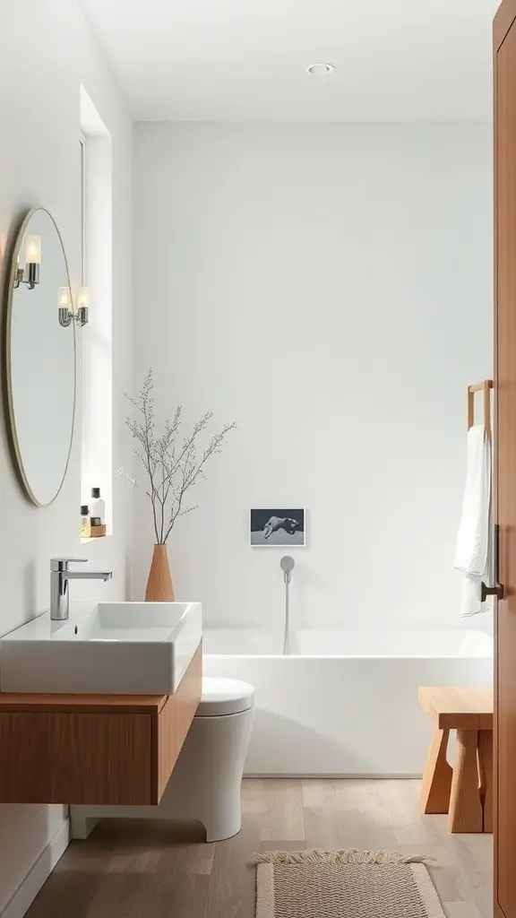 A minimalist Scandinavian bathroom featuring white walls, wooden accents, and a simple design.