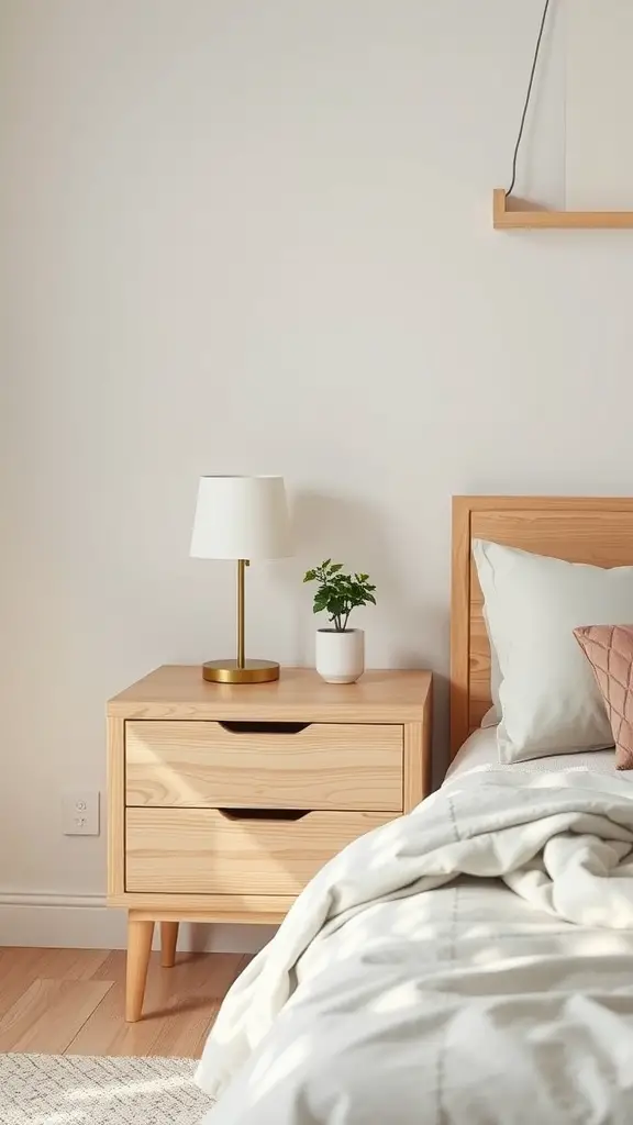 21 Stunning Bedside Table Ideas for Every Style 2 Minimalist Scandinavian bedside table with a lamp and a plant
