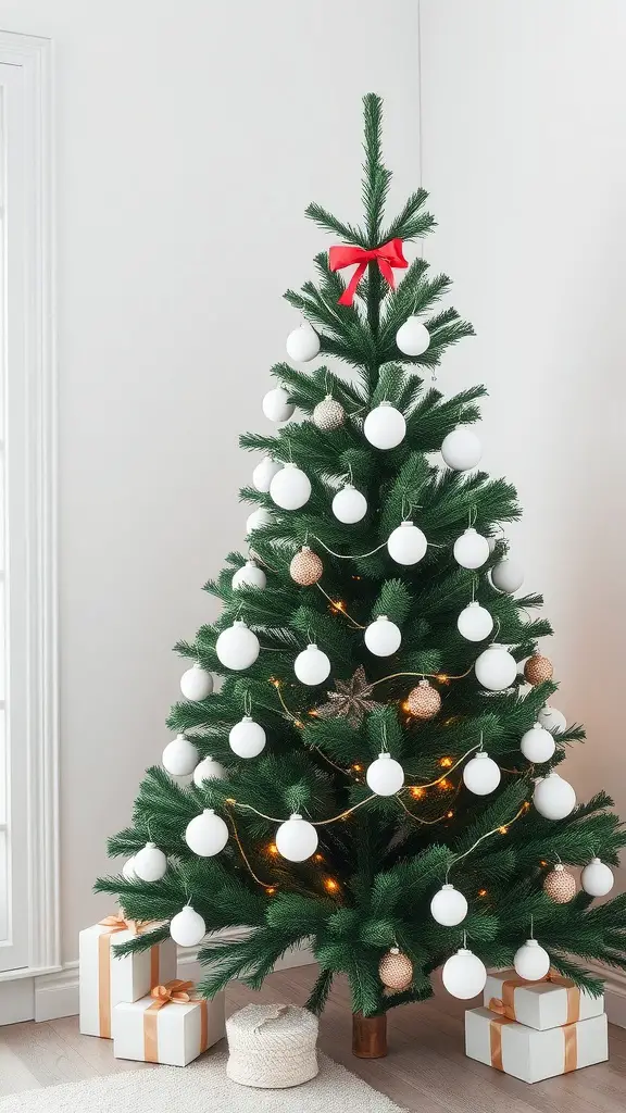 17 Creative Dollar Tree Christmas Tree Ideas on a Budget 12 Minimalist Scandinavian Christmas tree decorated with white ornaments, a red bow, and surrounded by wrapped gifts.