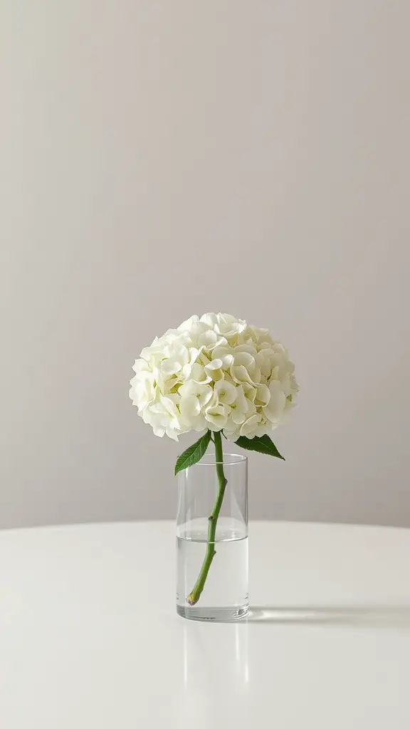 A minimalist arrangement of a single stem hydrangea in a clear glass vase on a white table.