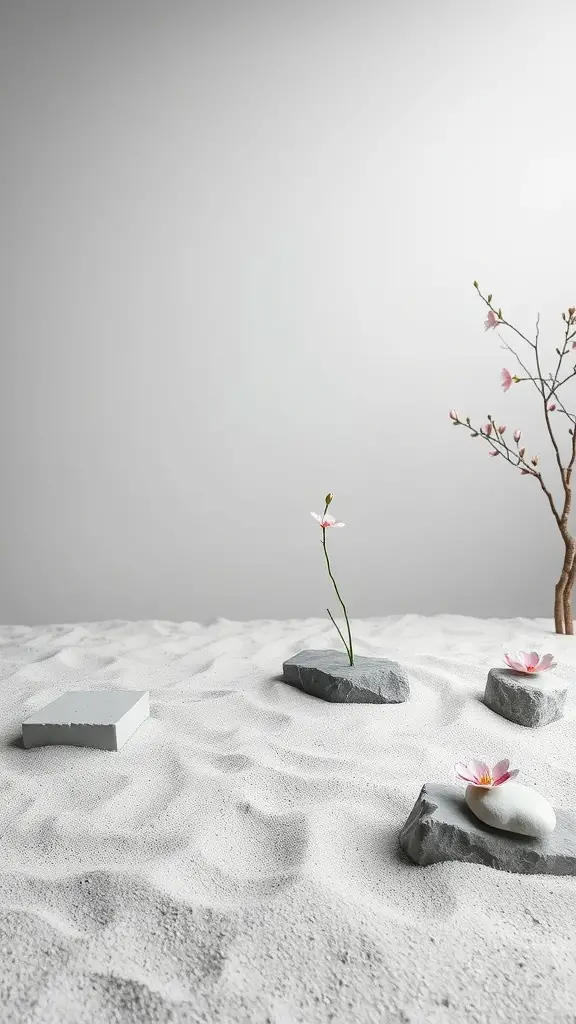 19 Stunning Wedding Floral Centerpieces to Inspire Your Big Day 13 A minimalist Zen garden arrangement with sand, smooth stones, and delicate flowers.