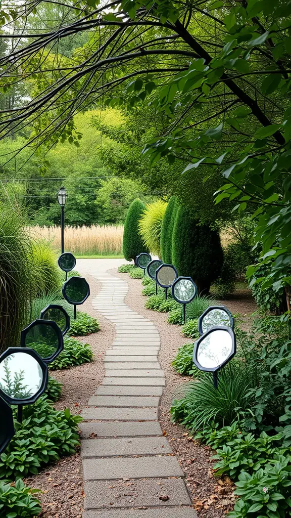 21 Stunning Garden Mirror Ideas to Transform Your Outdoor Space 13 A garden pathway lined with mirrors reflecting greenery.