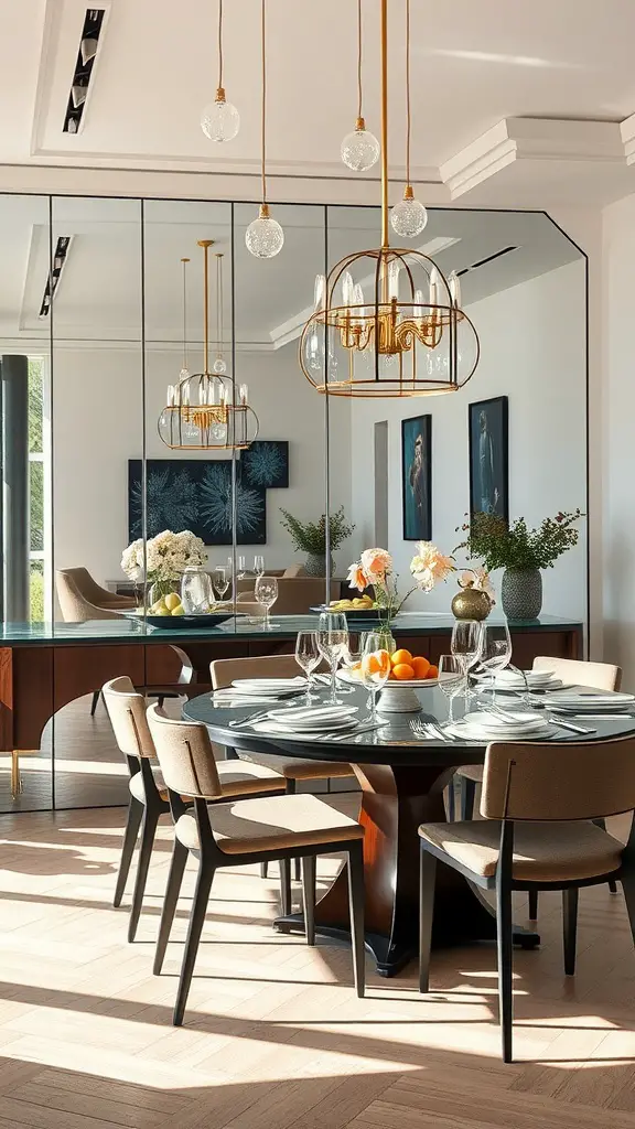 21 Stunning Dining Room Wall Decor Ideas to Transform Your Space 5 A beautifully decorated dining room featuring a mirrored wall that reflects light, enhancing the overall space.