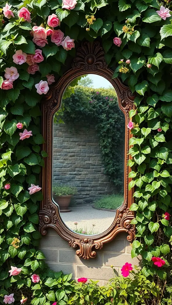 21 Stunning Garden Mirror Ideas to Transform Your Outdoor Space 16 A mirror surrounded by lush green vines and pink roses, reflecting the garden.