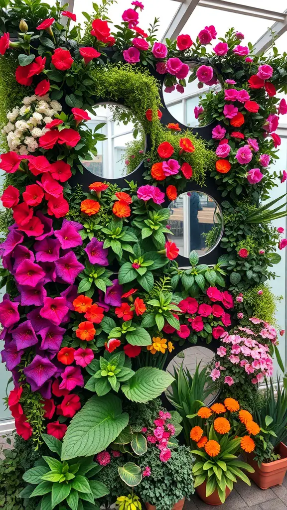 21 Stunning Garden Mirror Ideas to Transform Your Outdoor Space 8 A vibrant vertical garden filled with colorful flowers and circular mirrors.