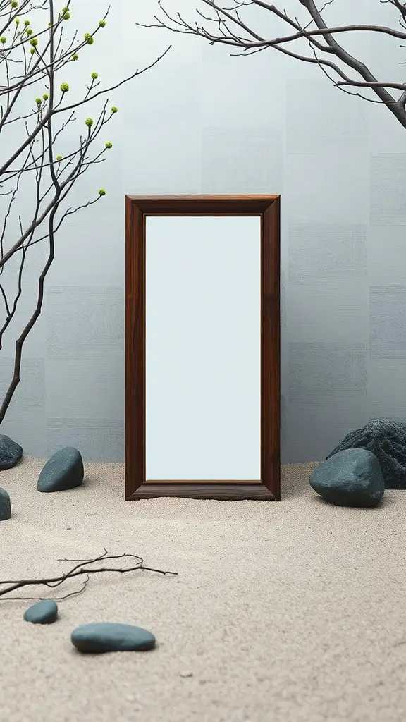 21 Stunning Garden Mirror Ideas to Transform Your Outdoor Space 11 A mirror in a Zen garden surrounded by stones and branches.
