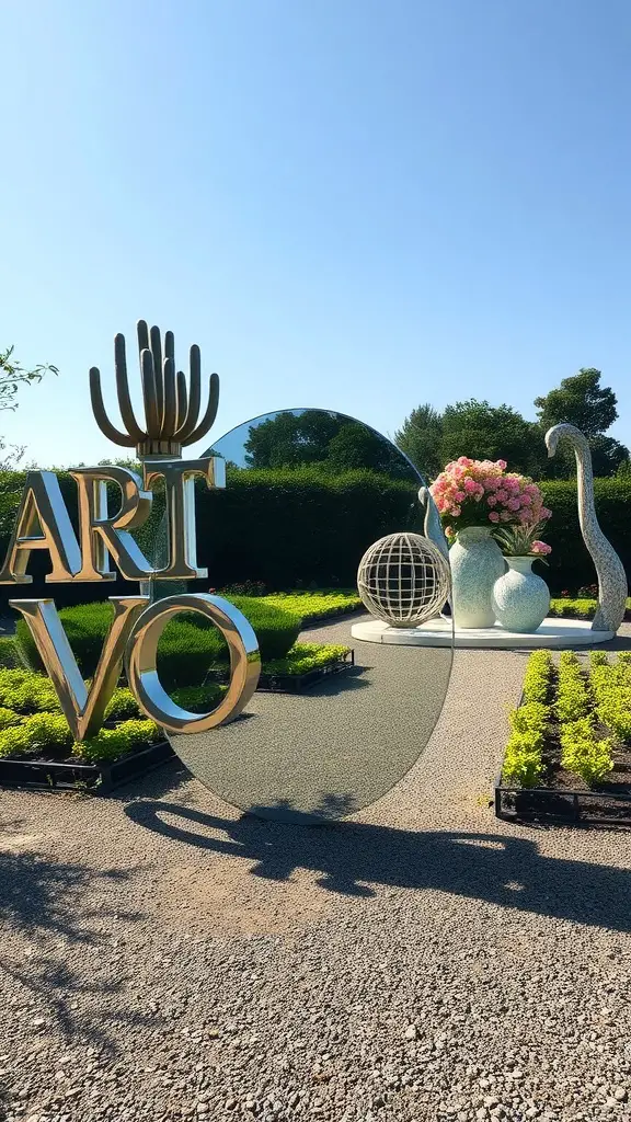 21 Stunning Garden Mirror Ideas to Transform Your Outdoor Space 12 A round mirror reflecting outdoor art in a garden setting
