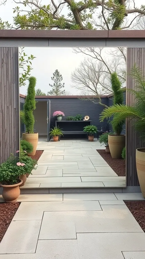 21 Stunning Garden Mirror Ideas to Transform Your Outdoor Space 3 A garden with a large mirror reflecting greenery and plants.