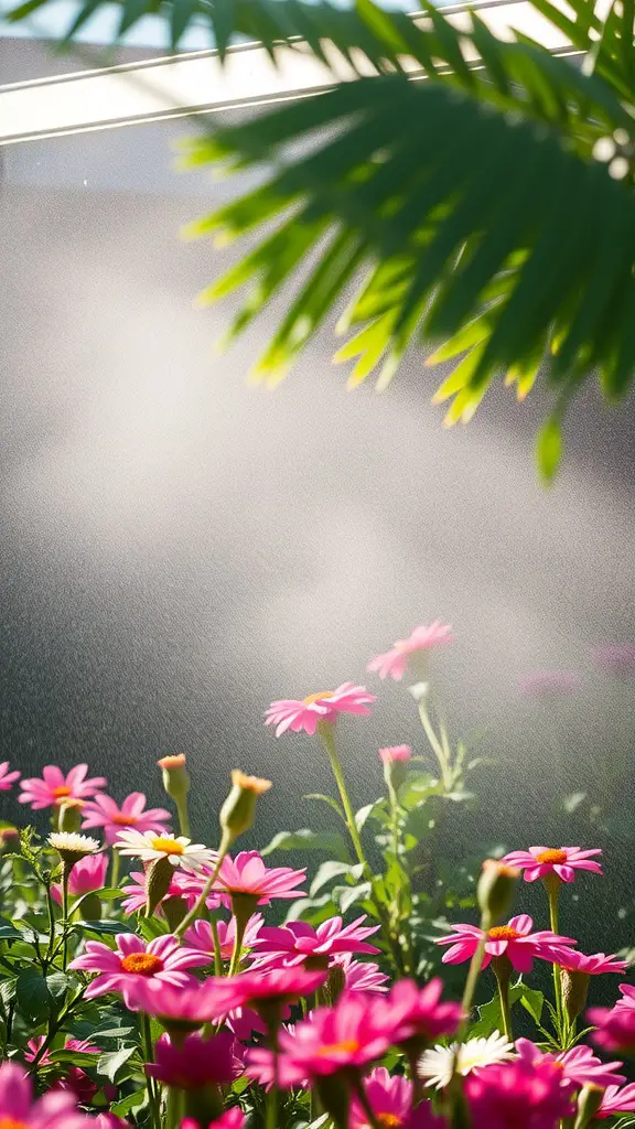 15 Creative Garden Irrigation Ideas for a Thriving Garden 8 A garden with pink flowers and a soft mist in the background