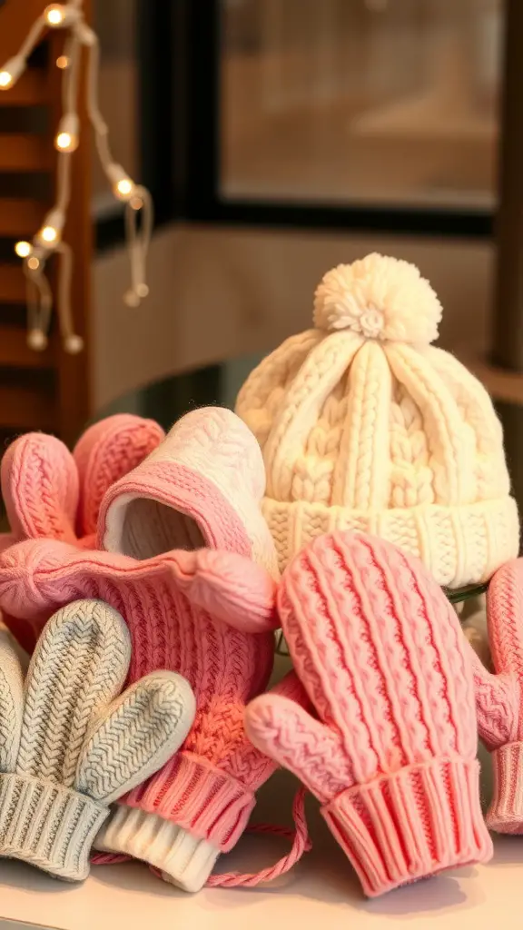 23 Creative Baby Shower Ideas for December Celebrations 2 A collection of pink and gray mittens and a white knitted hat arranged neatly.