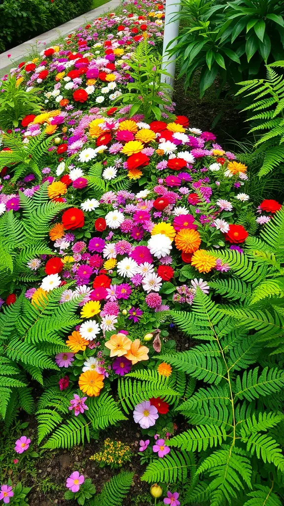 15 Creative Fern Garden Ideas for a Lush Outdoor Retreat 10 A vibrant garden bed featuring colorful flowers and lush green ferns, creating an attractive mixed landscape.