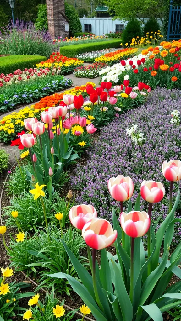 19 Stunning Floral Garden Ideas Featuring Beautiful Bulbs 10 A vibrant garden featuring a mix of tulips, daffodils, and perennials, showcasing colorful flowers and lush greenery.