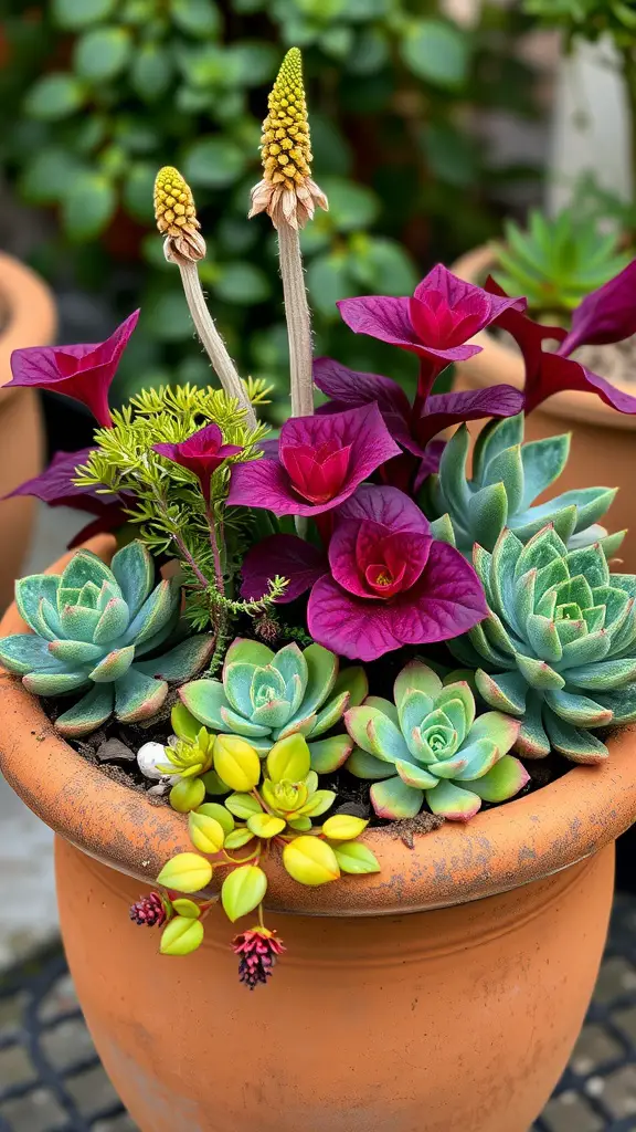 21 Stunning Coleus Planter Ideas to Transform Your Garden 9 A colorful planter featuring coleus and various succulents in a terracotta pot.