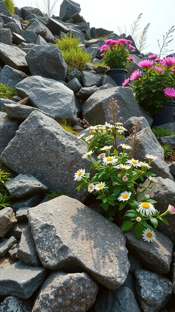19 Inspiring Rock Garden Ideas for Your Outdoor Space 14 A rock garden with large stones and colorful flowers in pots