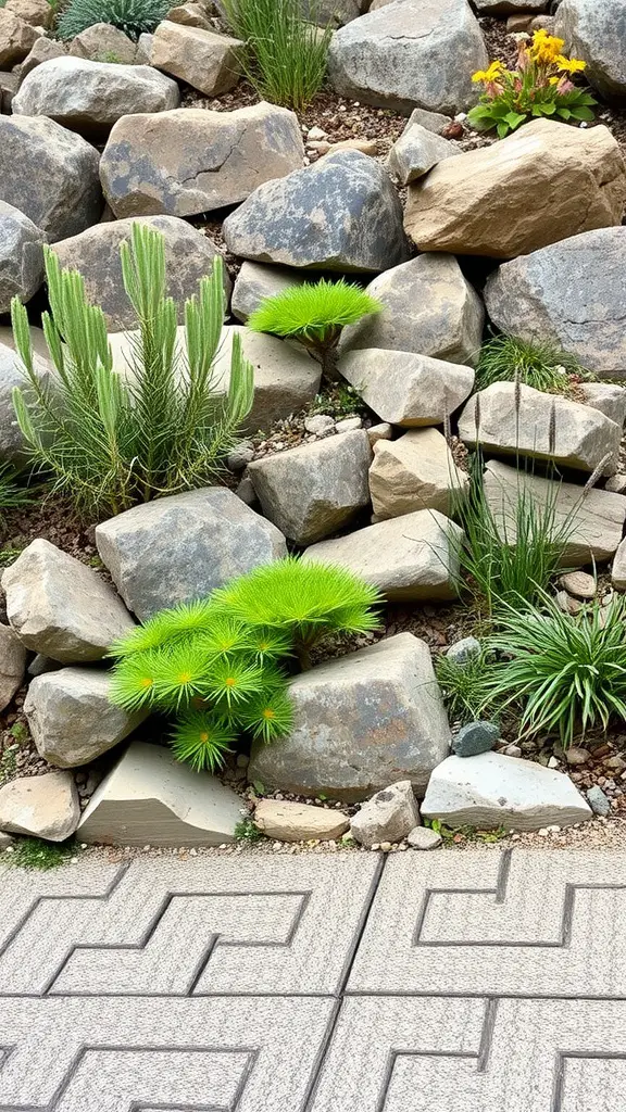 19 Inspiring Rock Garden Ideas for Your Outdoor Space 9 A rock garden featuring various stones and native plants in a vibrant arrangement.