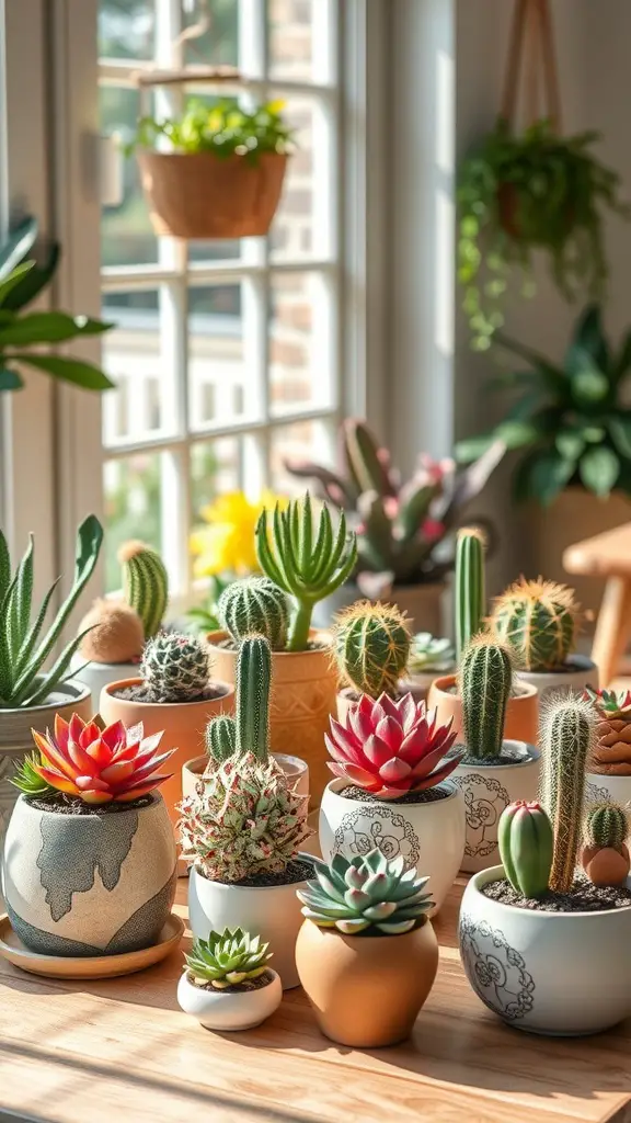 A collection of various succulents and cacti in decorative pots on a wooden table, with sunlight streaming in through a window.