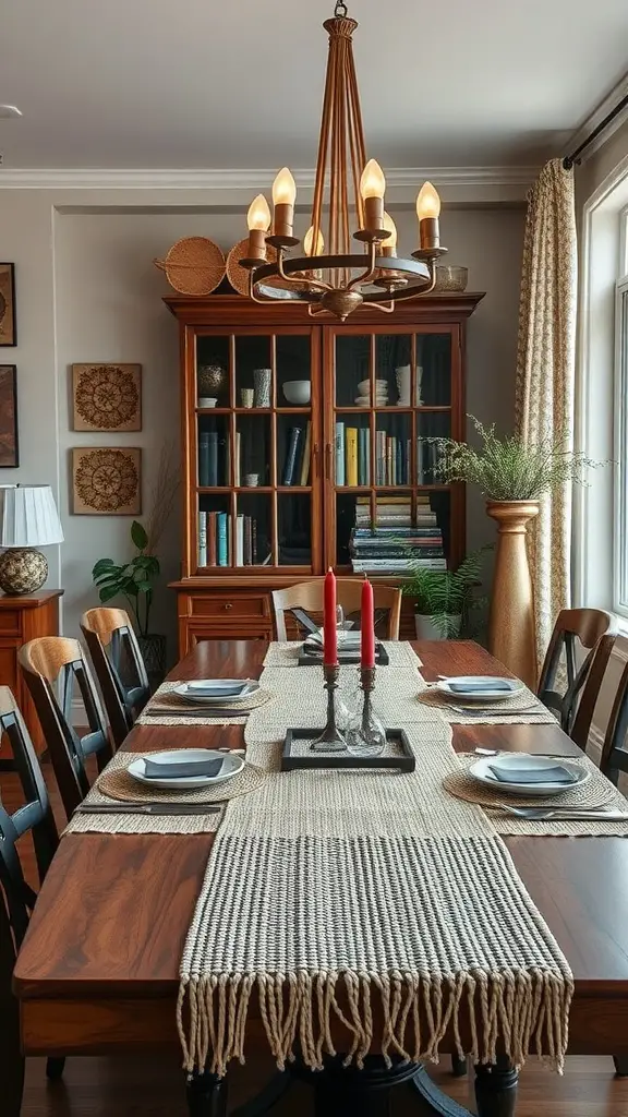 19 Stunning Modern Farmhouse Dining Room Ideas You’ll Love 7 A modern farmhouse dining room featuring a wooden table with a woven table runner, plates, and candles, complemented by a chandelier and decorative elements.