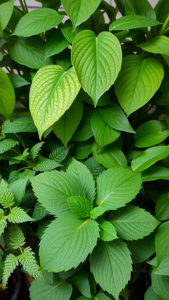 19 Indoor Plant Styling Ideas to Elevate Your Space 16 A close-up of various indoor plants showcasing different leaf textures, including large green leaves and smaller, intricate foliage.