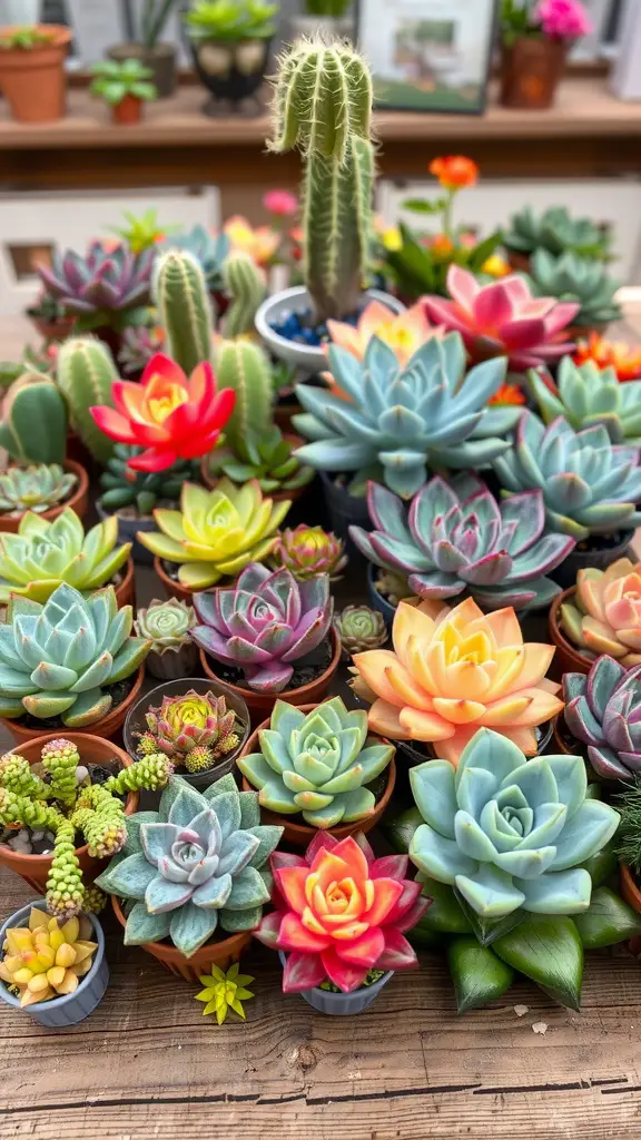 A vibrant display of various succulents in different shapes and colors arranged in pots.