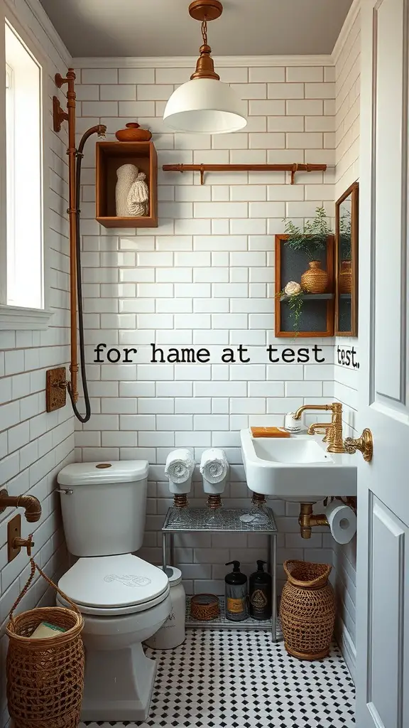 A small bathroom featuring white subway tiles, brass fixtures, and vintage decor.