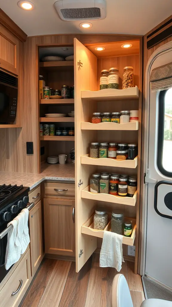Organized RV pantry with jars and shelves