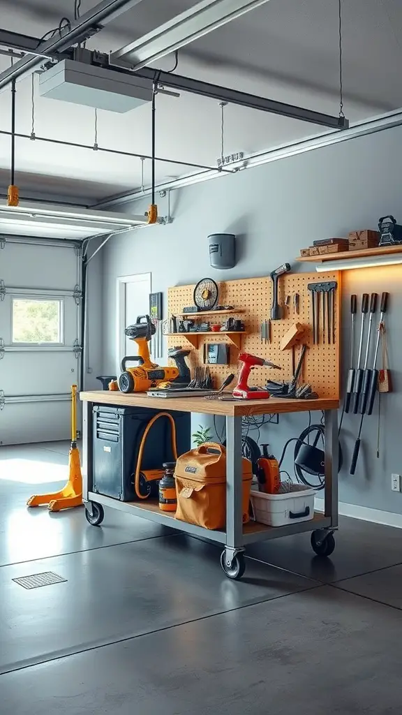 21 Creative Garage Workbench Ideas to Maximize Your Space 9 A mobile workbench in a garage with tools neatly arranged on a pegboard above.