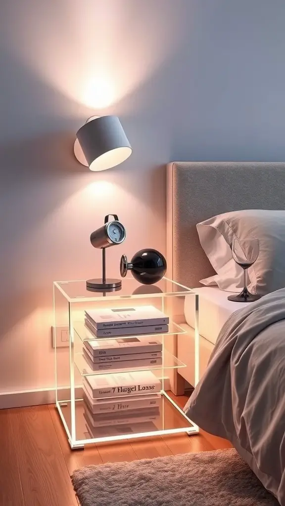19 Creative Nightstand Ideas to Elevate Your Bedroom Decor 8 A modern acrylic nightstand with books and a lamp beside a bed.