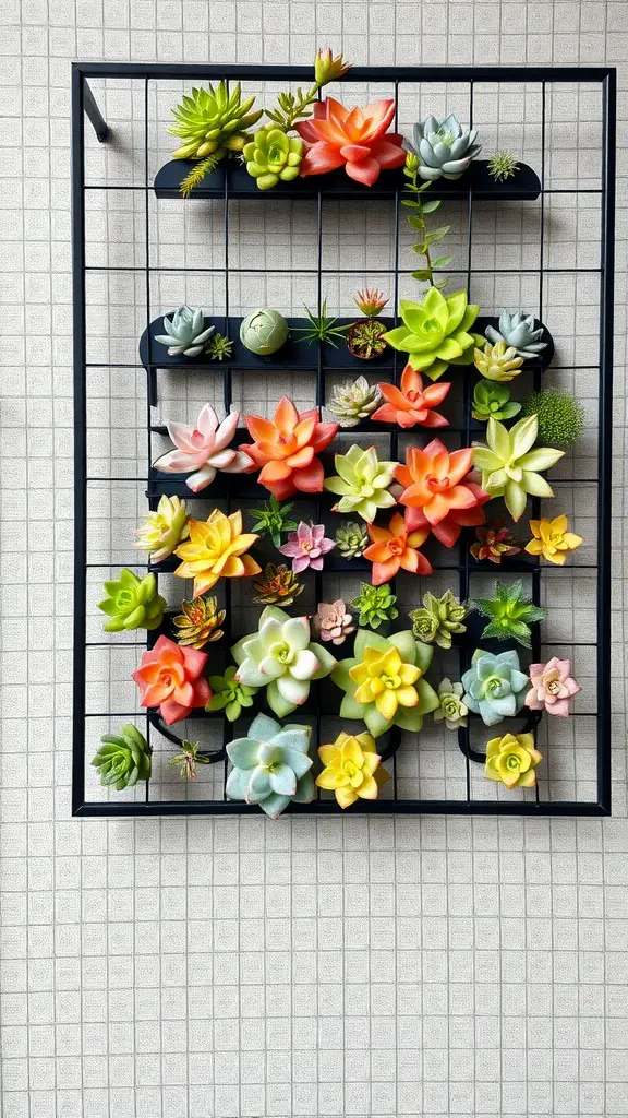 21 Stunning Indoor Plant Wall Designs Featuring Succulents 11 A modern black grid planter wall filled with colorful succulents arranged in various sizes and shapes.
