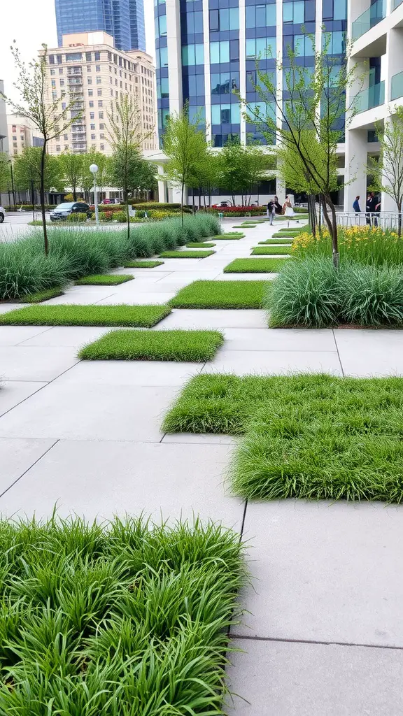 21 Stunning Pathway Landscaping Ideas to Enhance Your Outdoor Space 7 A modern concrete slab walkway featuring patches of grass and trees, set against a contemporary urban backdrop.