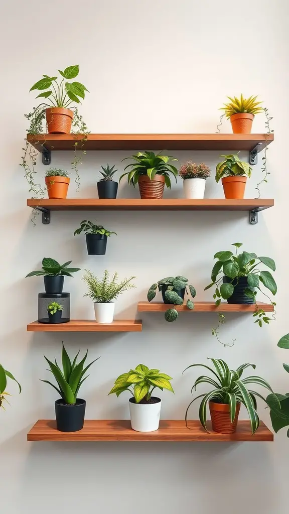 17 Creative Hanging Garden Ideas for Your Home and Balcony 12 Modern floating shelves filled with various plants in colorful pots.