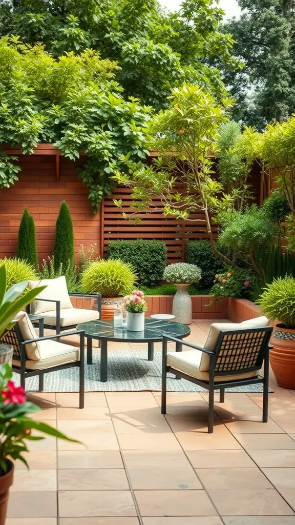 13 Creative Terrace Garden Ideas for Your Home 15 A modern terrace garden featuring stylish chairs and a table surrounded by lush greenery.