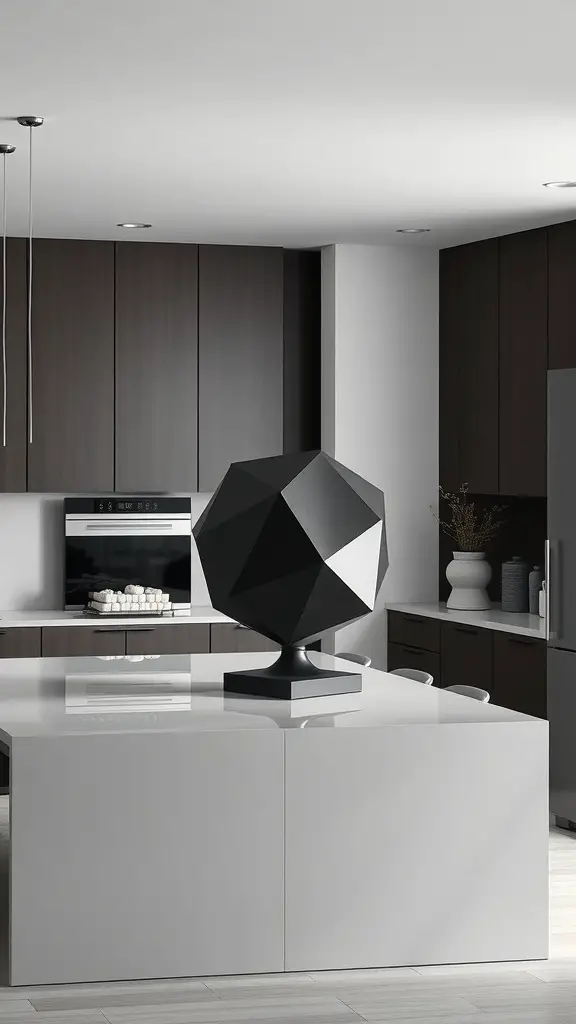 A modern kitchen island featuring a black geometric sculpture as a centerpiece.
