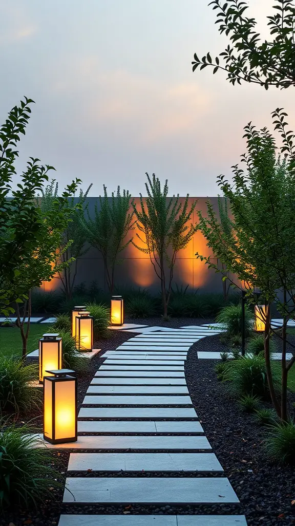 21 Creative Garden Lantern Ideas to Illuminate Your Outdoor Space 12 A pathway lined with modern geometric lanterns illuminating the garden